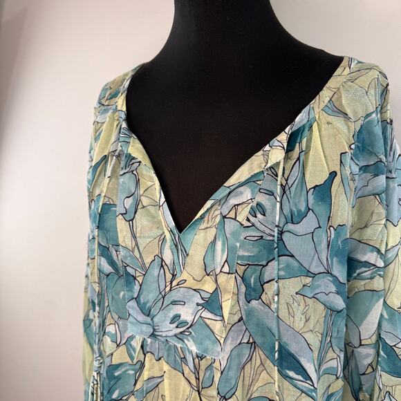 Tyler Boe Blue Green Blouse Abstract Floral Split Neck Tassel 3/4 Sleeve Large L - Picture 2 of 8